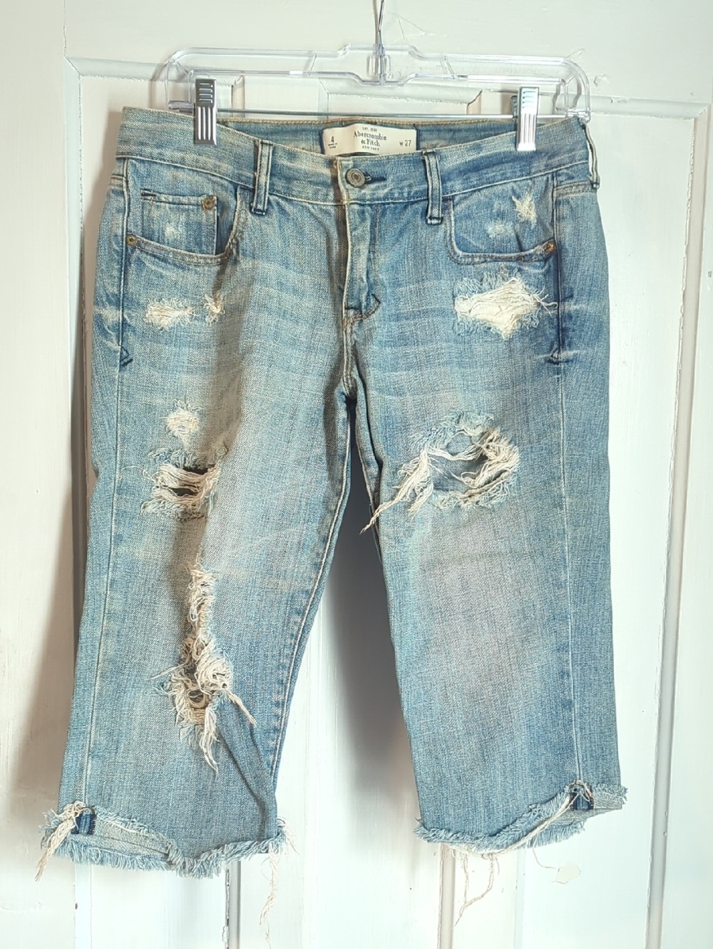 Abercrombie & Fitch Light Blue Distressed Cropped Jean Shorts